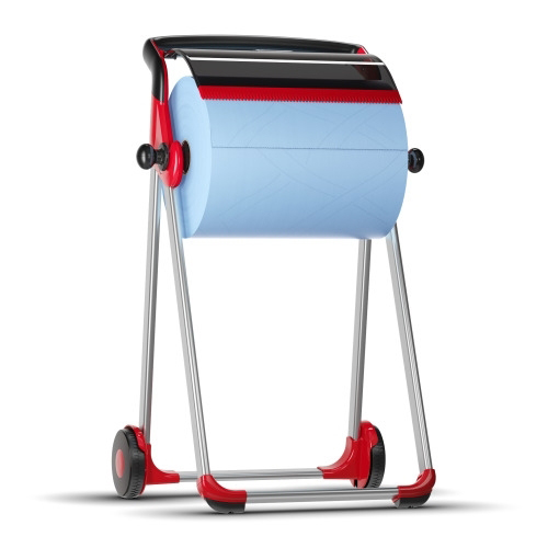Dispenser mobil role-lavete industriale, albastru, Tork, rosu-negru