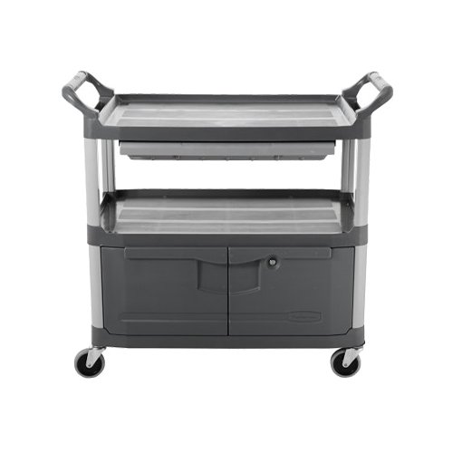 Carucior X-Tra pentru servire cu sertar si dulap 135 kg, gri, Rubbermaid
