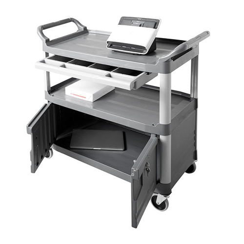 Carucior X-Tra pentru servire cu sertar si dulap 135 kg, gri, Rubbermaid