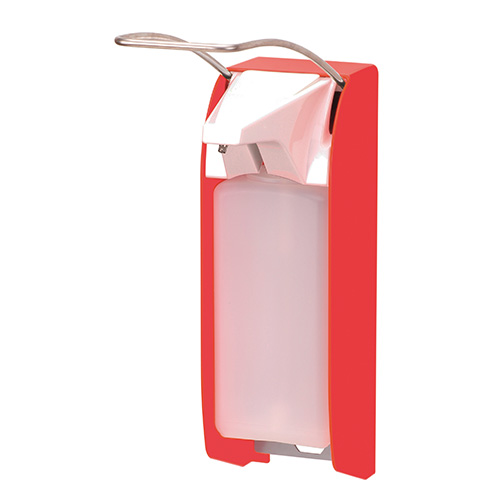 Dispenser sapun lichid / dezinfectant Ingo-Man Hi-Vis cu levier, 1000 ml, aluminiu - OpHardt, rosu