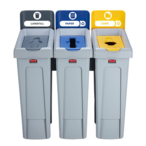 Statie reciclare Slim Jim - 3 containere cu capace (negru/albastru/galben), Rubbermaid