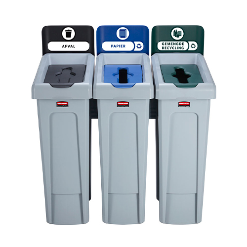 Statie reciclare Slim Jim - 3 containere cu capace (negru/albastru/verde), Rubbermaid